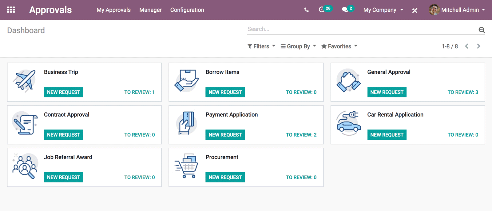 Giao diện Bảng điều khiển của Odoo Phê duyệt hiển thị các loại yêu cầu
