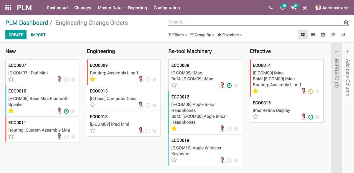 Giao diện bảng điều khiển Odoo PLM