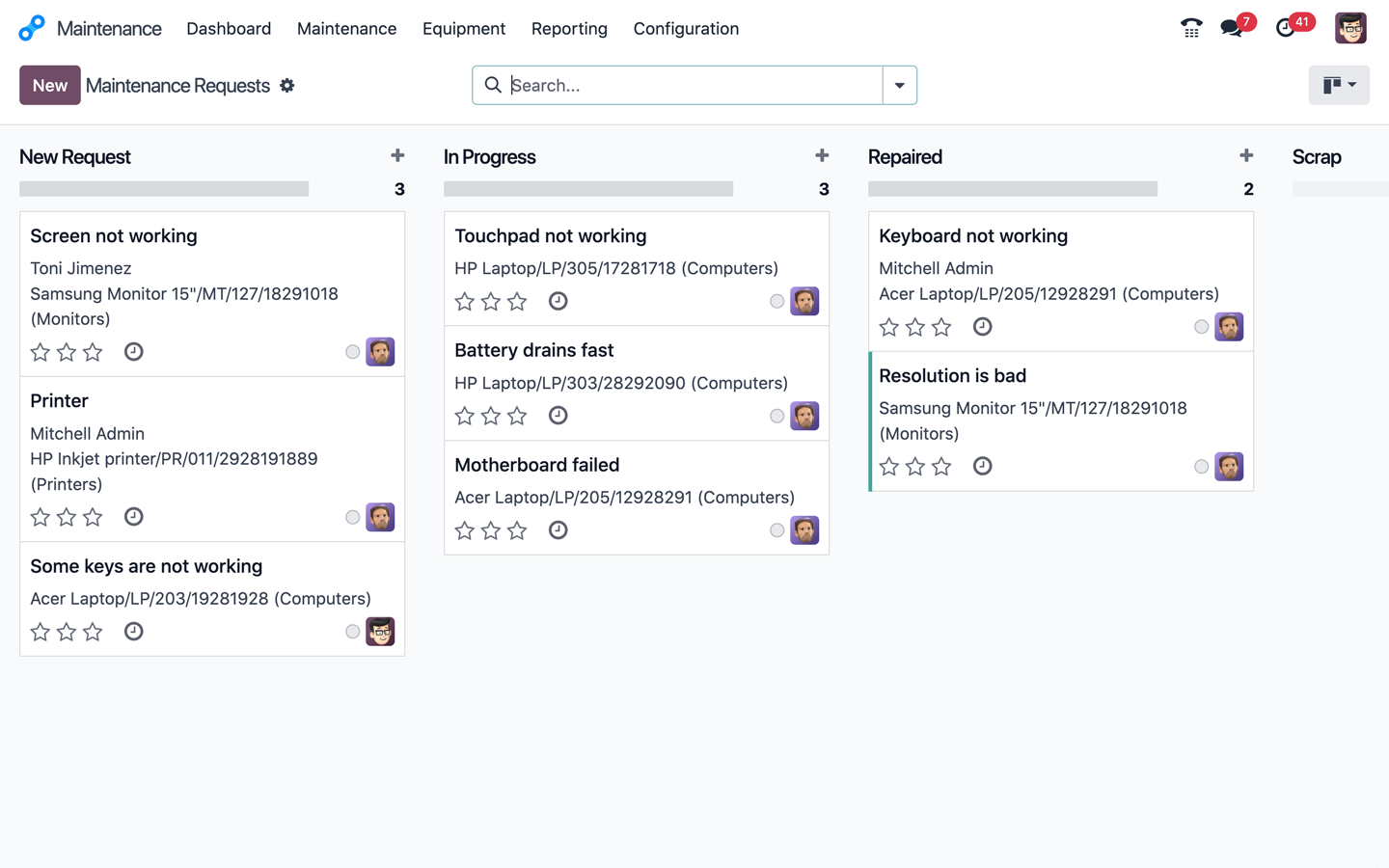 Giao diện Odoo Bảo dưỡng hiển thị thiết bị 