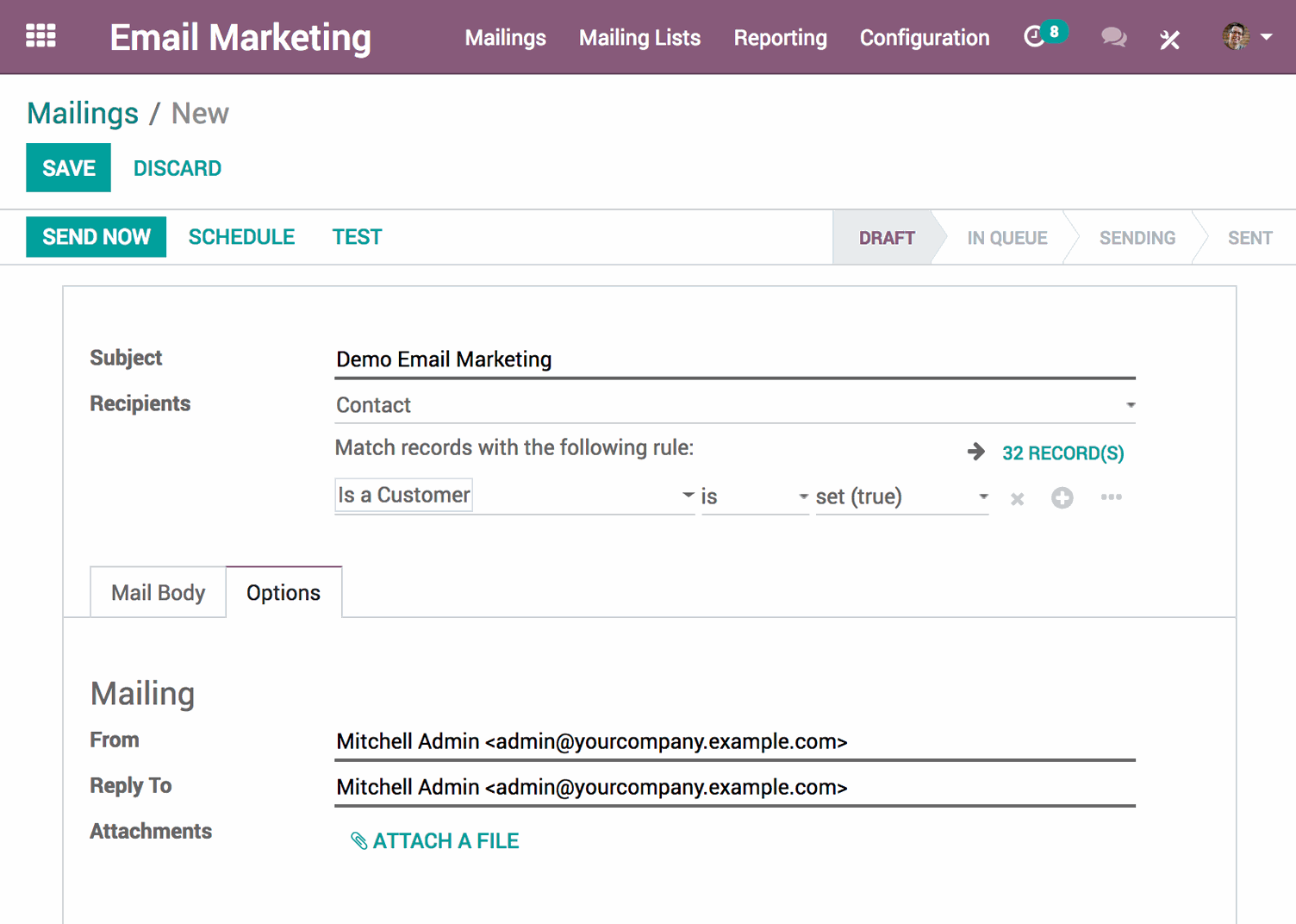 Giao diện Odoo Marketing qua email - đang tạo danh sách gửi thư mới 