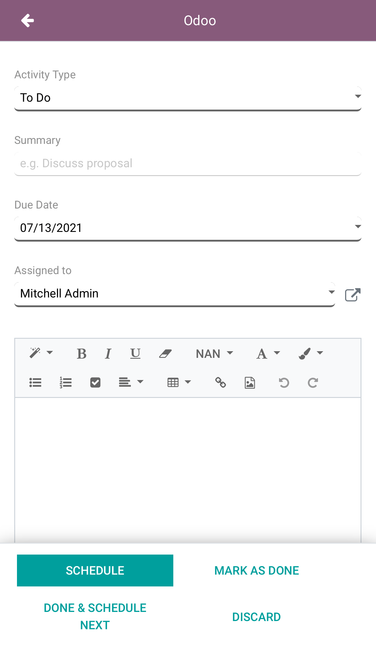 Lên lịch một hoạt động chẳng hạn như cuộc gọi, cuộc họp hoặc email với bảng điều khiển Odoo VoIP